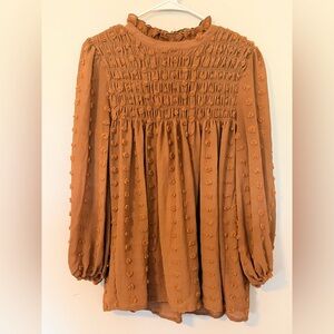JODIFL Textured Pom-Pom Smocked Blouse - rusty brown